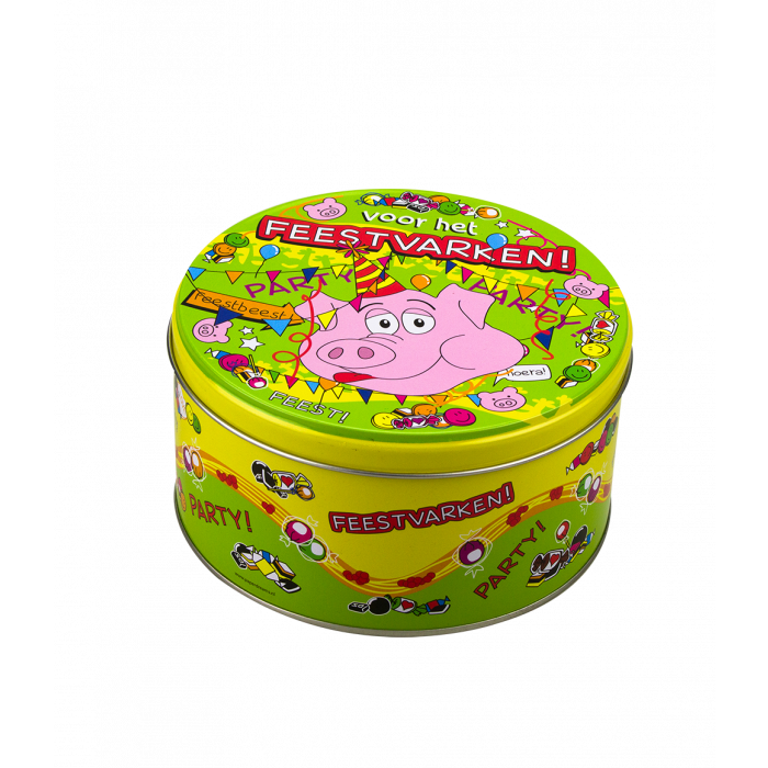 Lata de chuches rellena cerdito fiestero y 500 gramos